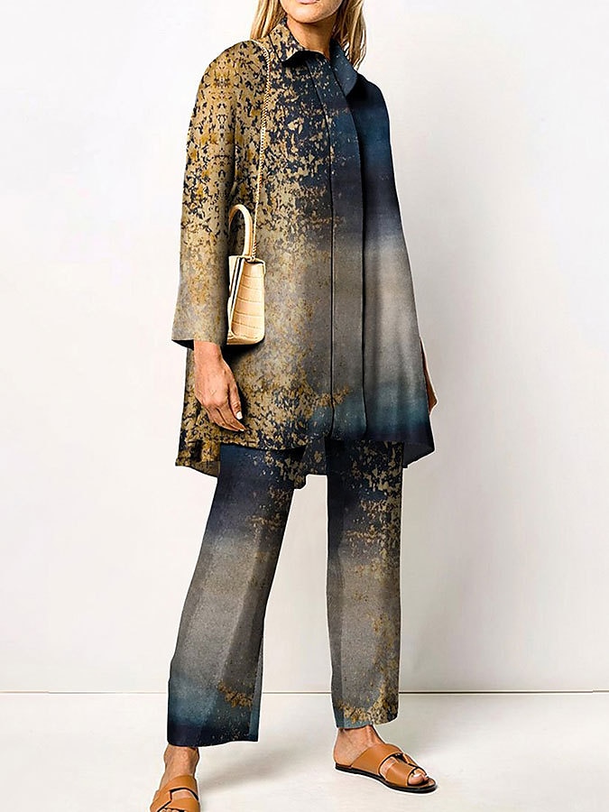 Women's 2 Pieces Elegant Vintage Fashion Shirt Blouse Pants Sets Pants Trousers Long Sleeve Shirt Collar Graphic Print Casual Daily Dark Navy Green Clover Fall & Winter Regular Fit 2025 - $49.99 –P5