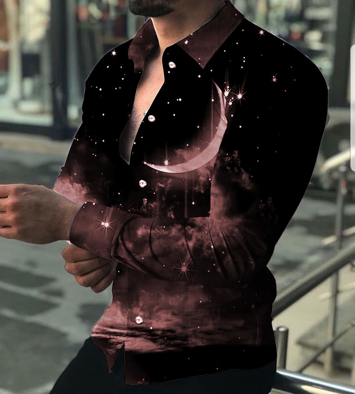 Férfi MOON Ing Gombos póló Hosszú ujj Divat Dizájn Alkalmi Szabadtéri Utca Szabadság Nyár Tavasz Térfogatcsökkenés Nyomtatott Gomb lefelé Fekete Fehér Rubin Medence 2025 - $24.99 –P4