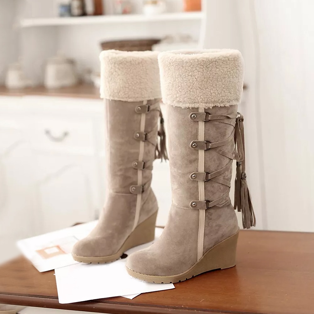 Mujer Botas Botas de nieve Botas tipo suéter Zapatos de gamuza Exterior Diario Bloque de color Botas hasta la rodilla Invierno Borla Con Cordón Tacón Cuña Dedo redondo Casual Zapatos de Paseo Ante 2025 - $54.99 –P12