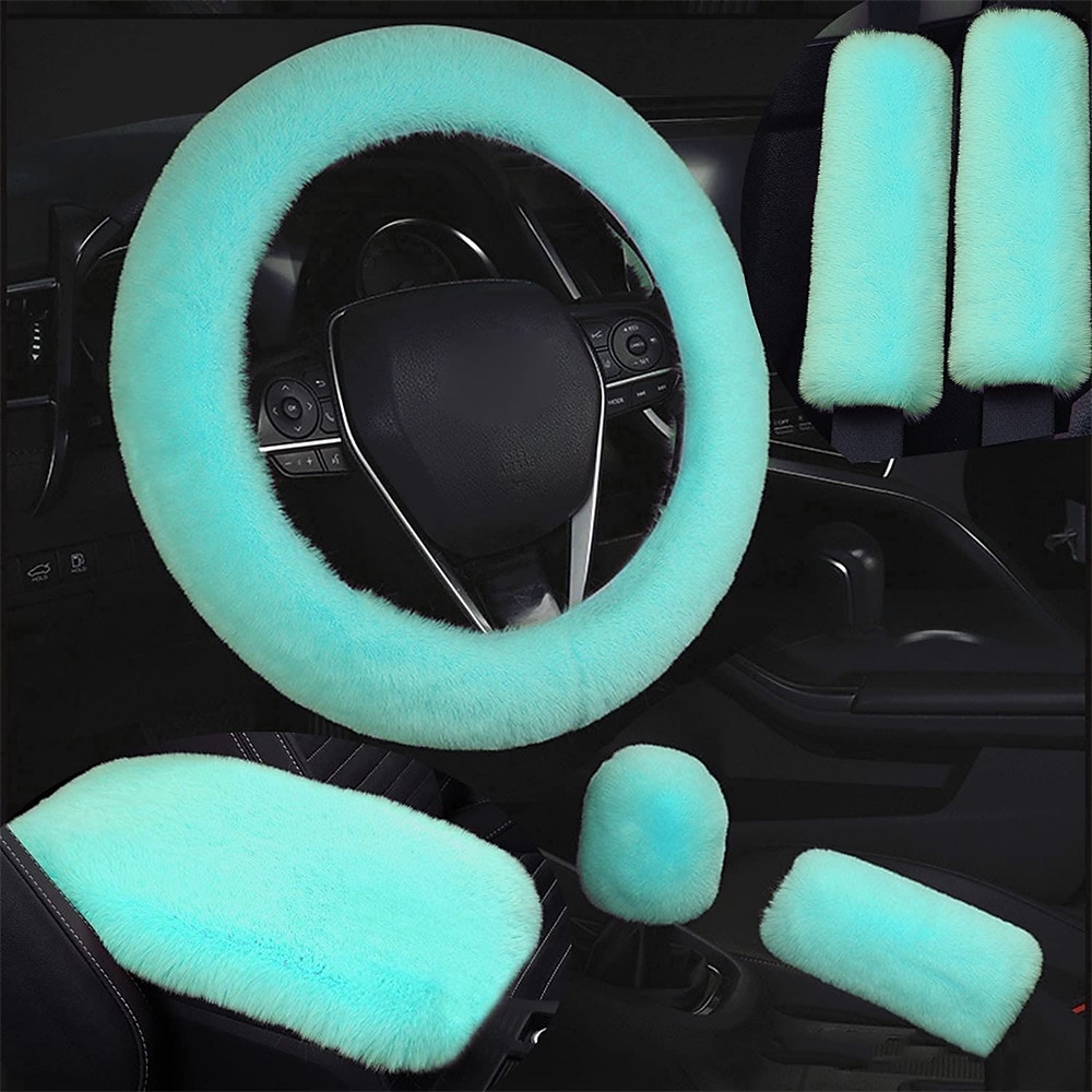 6 Pcs/Set Fluffy Faux Wool Car Steering Wheel Cover  Furry Seatbelt Shoulder Pads Auto Center Console Armrest Pads Gear Shift Knob Cover Handbrake Cover Universal Warm Winter 2025 - $21.99 –P6