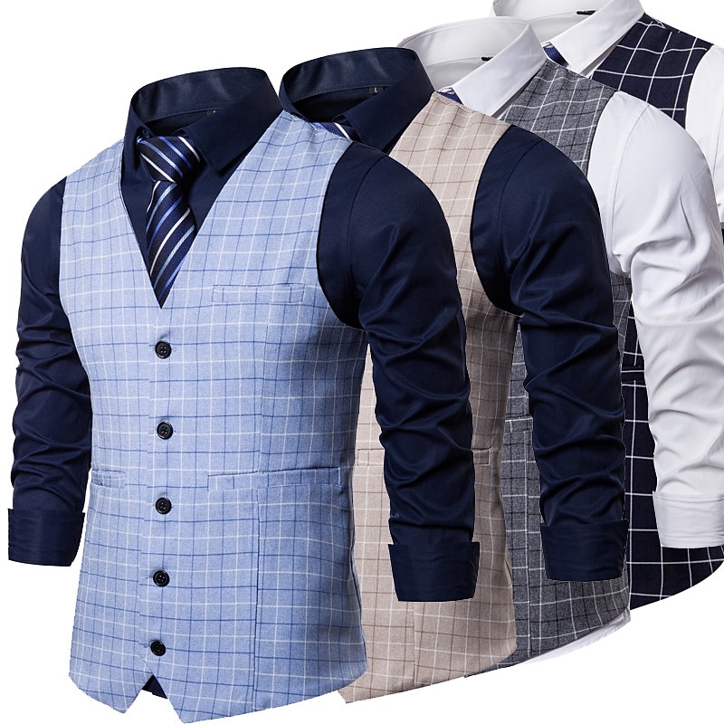 Herren Weste Hochzeit Freizeitskleidung Ausgehen Festival Geschäftlich Basic Herbst Winter Tasche Polyester Atmungsaktiv Weich Komfortabel Plaid Einreihiger Verschluss V Ausschnitt Regular Fit Kamel 2025 - $33.99 –P1