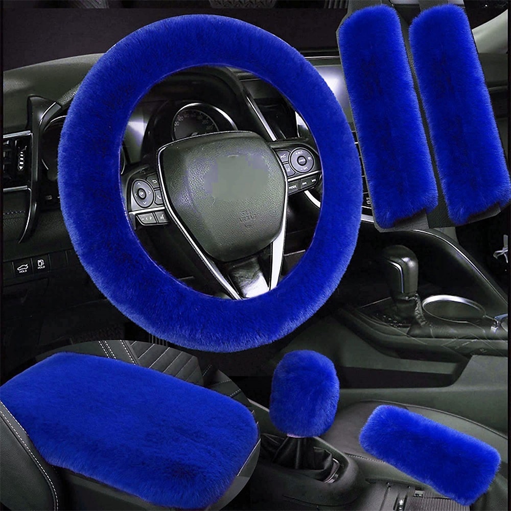 6 Pcs/Set Fluffy Faux Wool Car Steering Wheel Cover  Furry Seatbelt Shoulder Pads Auto Center Console Armrest Pads Gear Shift Knob Cover Handbrake Cover Universal Warm Winter 2025 - $21.99 –P4