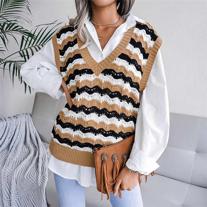Women's Sweater Vest V Neck Cable Knit Acrylic Knitted Fall Winter Outdoor Daily Holiday Stylish Casual Soft Sleeveless Striped Blue Khaki Gray S M L 2023 - US $21.99 –P10