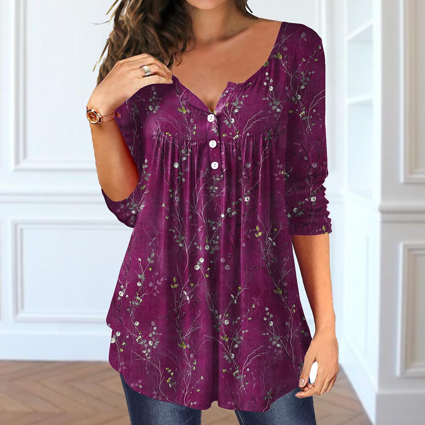 Femme T shirt Hauts habillés Floral Tuniques basique manche longue Col Rond Hauts réguliers Vacances Fin de semaine Boutons Imprimer Tunique fluide Jaune Rose Claire Bleu Violet Vert Automne hiver de 2025 ? $27.99 –P3