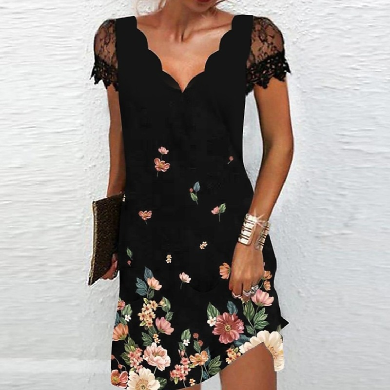 Damen Midikleid Casual kleid Etuikleid Elegant Modisch Basic Spitzenärmel Urlaub Täglich Festtage Regular Fit Blumen Kurzarm V Ausschnitt Gezackter Hals Schwarz Regenbogen Sommer Frühling 2025 - $27.99 –P3