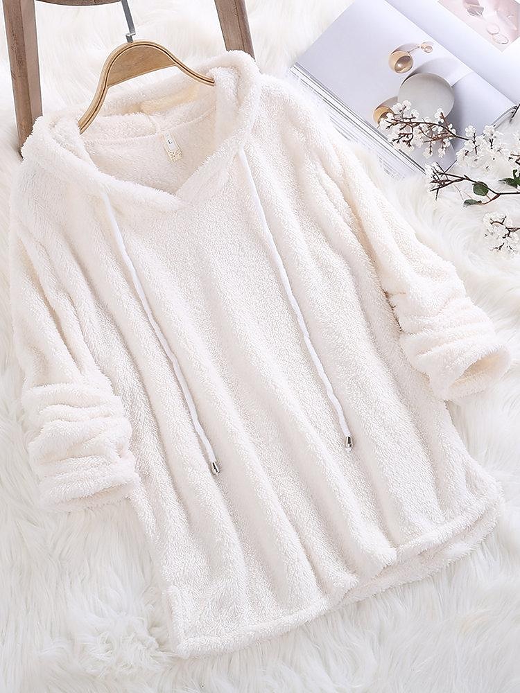 Per donna Tinta unica Pagliaccetto Pile Sherpa Manica lunga Felpa Top regolari Strada Informale A cordoncino Nero Bianco Rosa Rosso Blu Autunno inverno del 2025 a $15.99 –P1