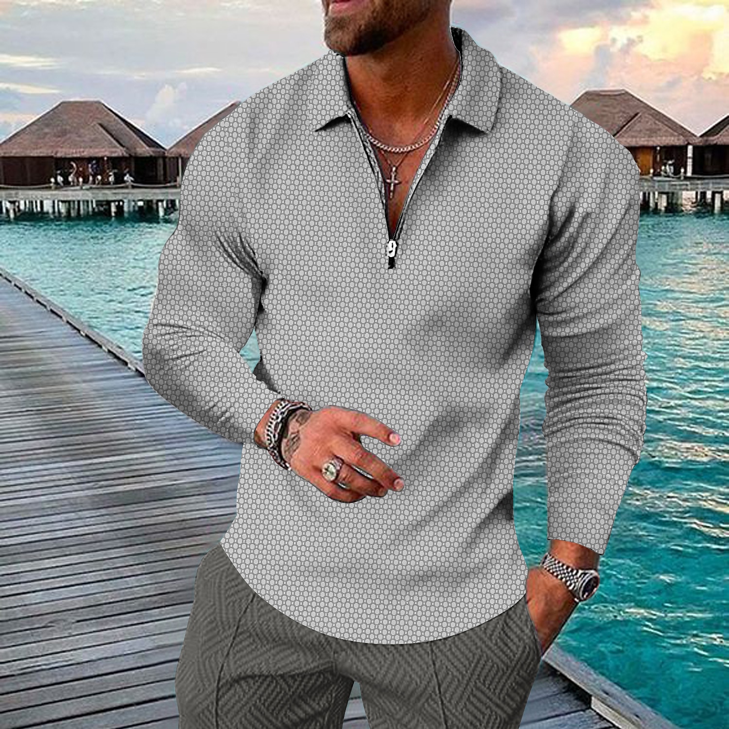 Herre Geometrisk Hawaii poloskjorter Golf skjorte Langermet Poloskjorter Skjorter med krage Fritid Strand Klær Ferieklær Festantrekk 3D-utskrift Kvart zip-polo Gul Rød Brun 2026 - $25.99 –P7