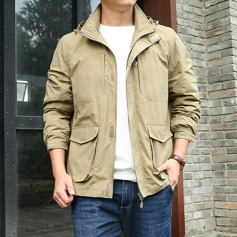 Hombre Chaqueta ligera Chaqueta de verano Chaqueta utilitaria Chaqueta tipo cargo Exterior Vacaciones Templado Bolsillo Otoño Invierno Plano Moda Ropa de calle Con Capucha Regular Negro Caqui Azul 2026 - $47.99 –P1