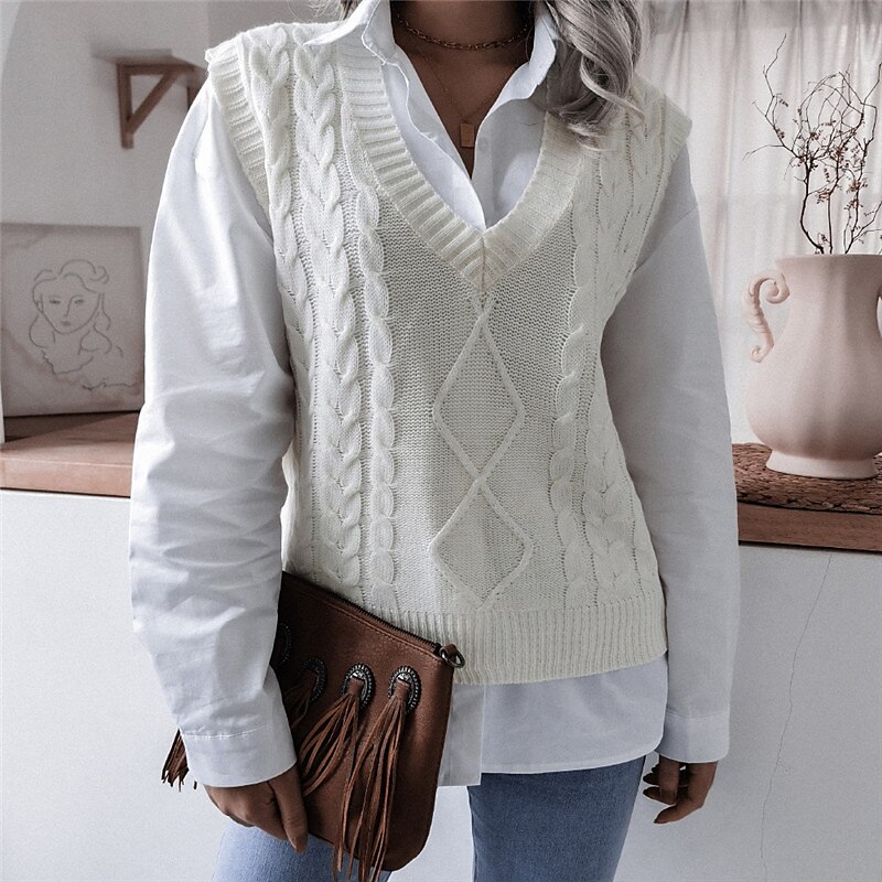 Women's Sweater Vest V Neck Cable Knit Acrylic Knitted Fall Winter Outdoor Daily Holiday Stylish Casual Soft Sleeveless Pure Color White Beige Coffee S M L 2023 - US $22.99 –P9