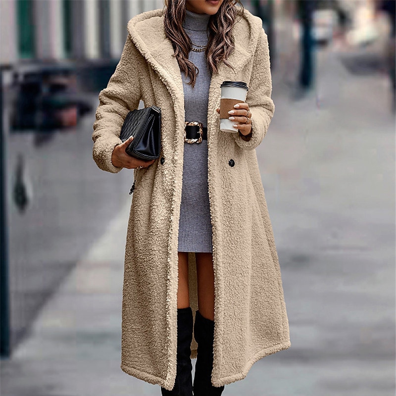 Women's Long Teddy Coat Fall Sherpa Jacket Warm Fleece Daily Going out Button Pocket Buttoned Front Hoodie Casual Solid Color Regular Fit Outerwear Long Sleeve Winter Black Brown Chocolate S M L XL 2024 - $41.99 –P1