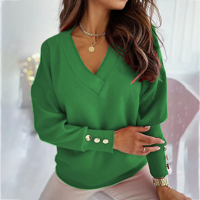 Damenbluse mit V-Ausschnitt, lange Ärmel, geknöpfte Manschetten, lässiges, elegantes Oberteil in Rot, Blau, Weiß, Schwarz, Grün, weiche, bequeme Passform, vielseitig einsetzbar für alle Jahreszeiten 2025 - $28.99 –P7