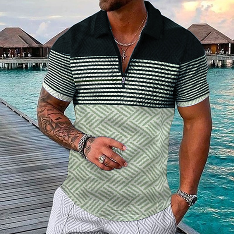 Men's Striped Hawaiian Polo Shirts Golf Shirt Short Sleeve Polo Shirts Collared Shirts Casual Beach Wear Vacation Wear Party Outfits 3D Print Quarter Zip Polo Black-White Black Army Green 2025 - $22.99 –P8
