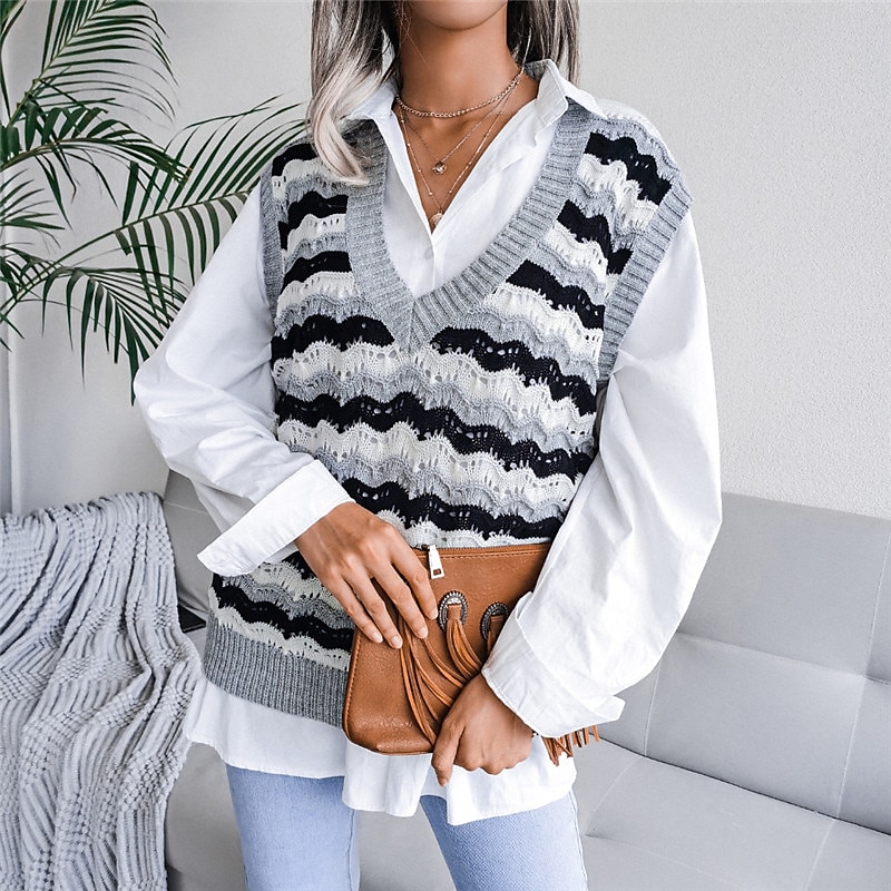 Women's Sweater Vest V Neck Cable Knit Acrylic Knitted Fall Winter Outdoor Daily Holiday Stylish Casual Soft Sleeveless Striped Blue Khaki Gray S M L 2023 - US $21.99 –P3