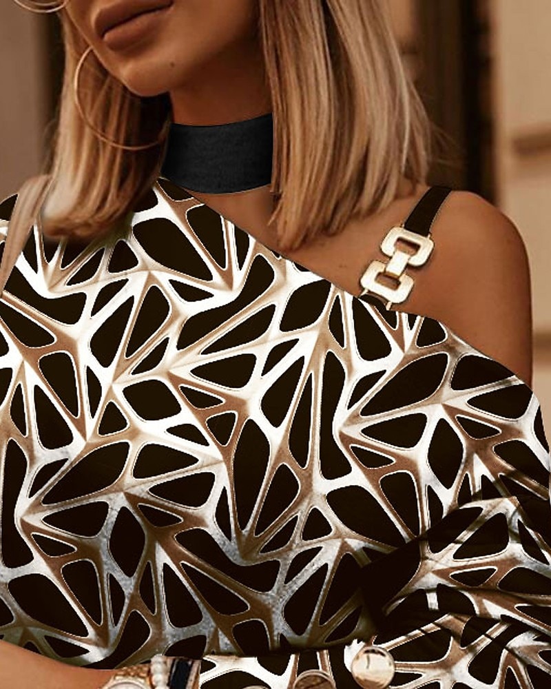Damen Hemd Bluse Streetwear Geometrisch Cut Out Print Cold Shoulder Langarm Normale Oberteile Rollkragen Stehkragen Party Casual Ausgehen Schwarz Marineblau Braun Khaki Frühling Herbst 2025 - $23.99 –P4
