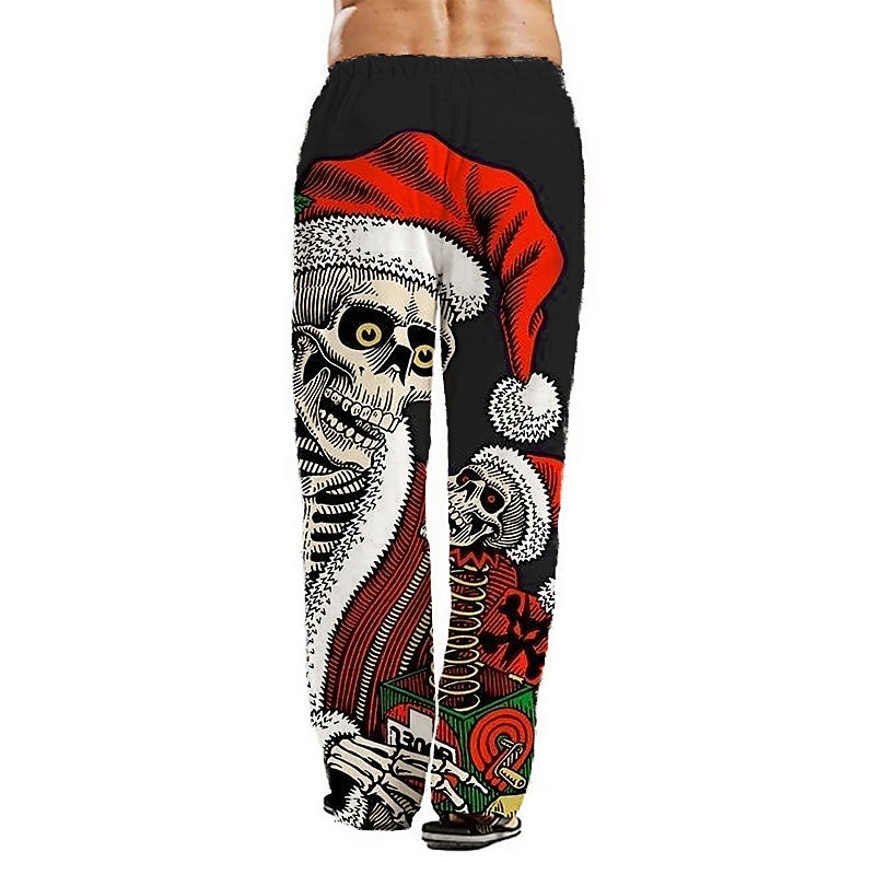 2025年 クリスマスハワイアンパンツ 男性用 おかしい スカル パンツ 巾着ゴムウエスト カジュアル パーティーイブニングウェア クリスマスパーティー ビーチウェア ストレートレッグパンツ 3Dプリント ブラック ブルー グリーン  コレクション – $32.99 –P4