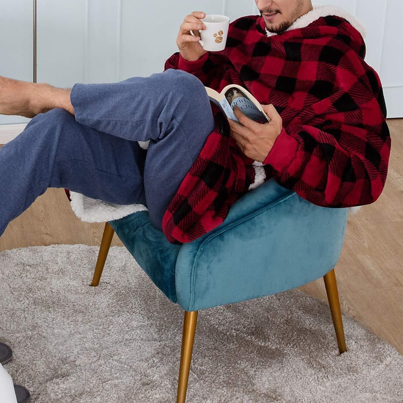 Herren Schlafanzug Nachtwäsche Tragbare Decke Hoodie-Decke Einfarbig Modisch Einfach Plüsch Heim Polyester Warm Atmungsaktiv Kapuzenpullover Lange Robe Tasche Kapuzenpullover Winter Schwarz Rot Blau 2025 - $19.49 –P1
