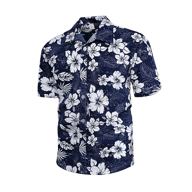 Herr Blommig Tropiska blommor Skjorta Sommarskjorta Strandskjorta Kortärmad Skjorta Nedvikt Mode Andningsfunktion Bekväm Utomhus Gata Ledigt Havsblått Blå Blå / vit S M L 2025 - $24.99 –P5