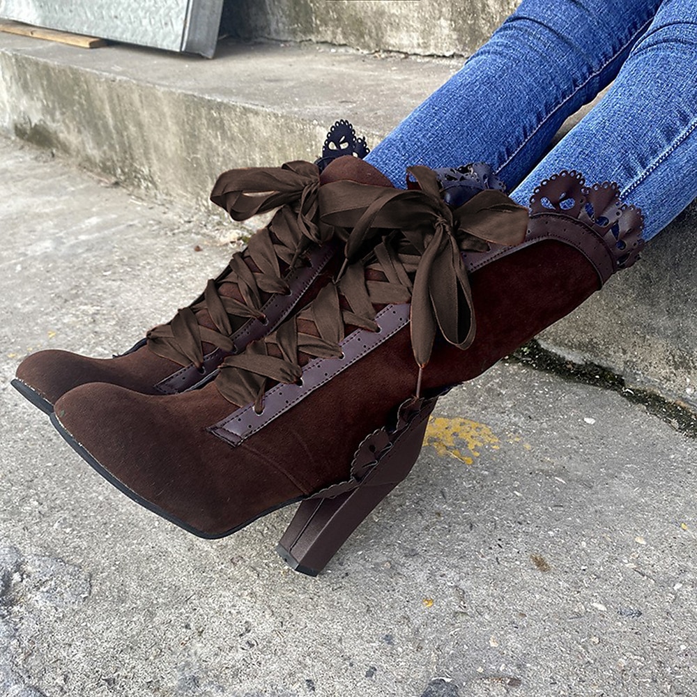 stivali da donna stivali con tacco taglie forti festa quotidiana stivali a metà polpaccio tinta unita invernali allacciati tacco grosso punta a punta punta rotonda vintage da passeggio allacciatura nero rosso marrone del 2025 a $64.99 –P10