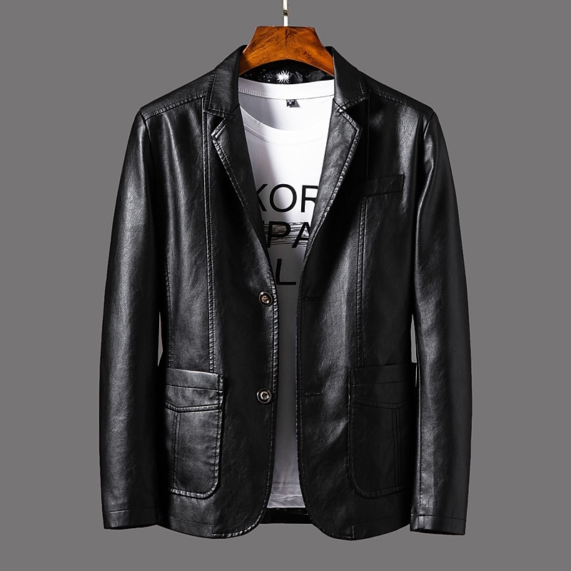 Herr Imitationsläderjacka Kontor & Karriär Dagliga kläder Varm Ficka Button-Down Vår & Höst Enfärgad / vanlig färg Stylish Uppvärmning Nedvikt Imitationsläder Mörkgul Vin Svart Jacka 2025 - $40.99 –P1