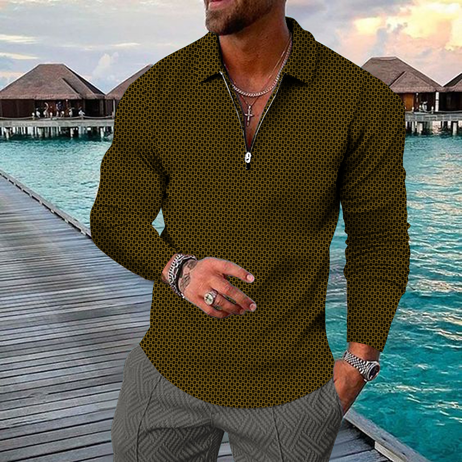 Herre Geometrisk Hawaii poloskjorter Golf skjorte Langermet Poloskjorter Skjorter med krage Fritid Strand Klær Ferieklær Festantrekk 3D-utskrift Kvart zip-polo Gul Rød Brun 2026 - $25.99 –P6