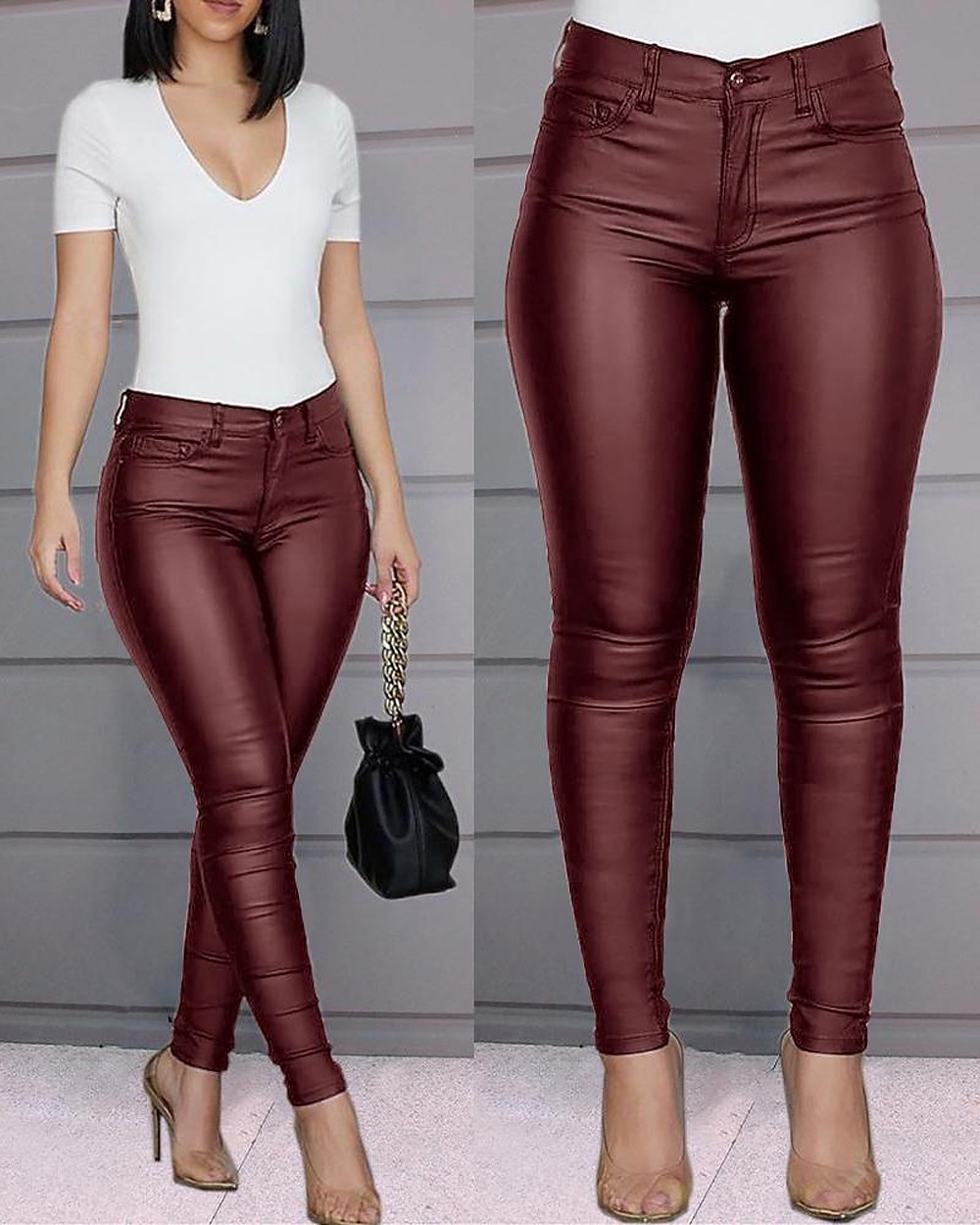 Women's Skinny Leather Pants Pants Trousers Faux Leather Plain Side Pockets  Ankle-Length Stretchy Fashion Party Casual Daily claret Black S M 2024 -  $32.99