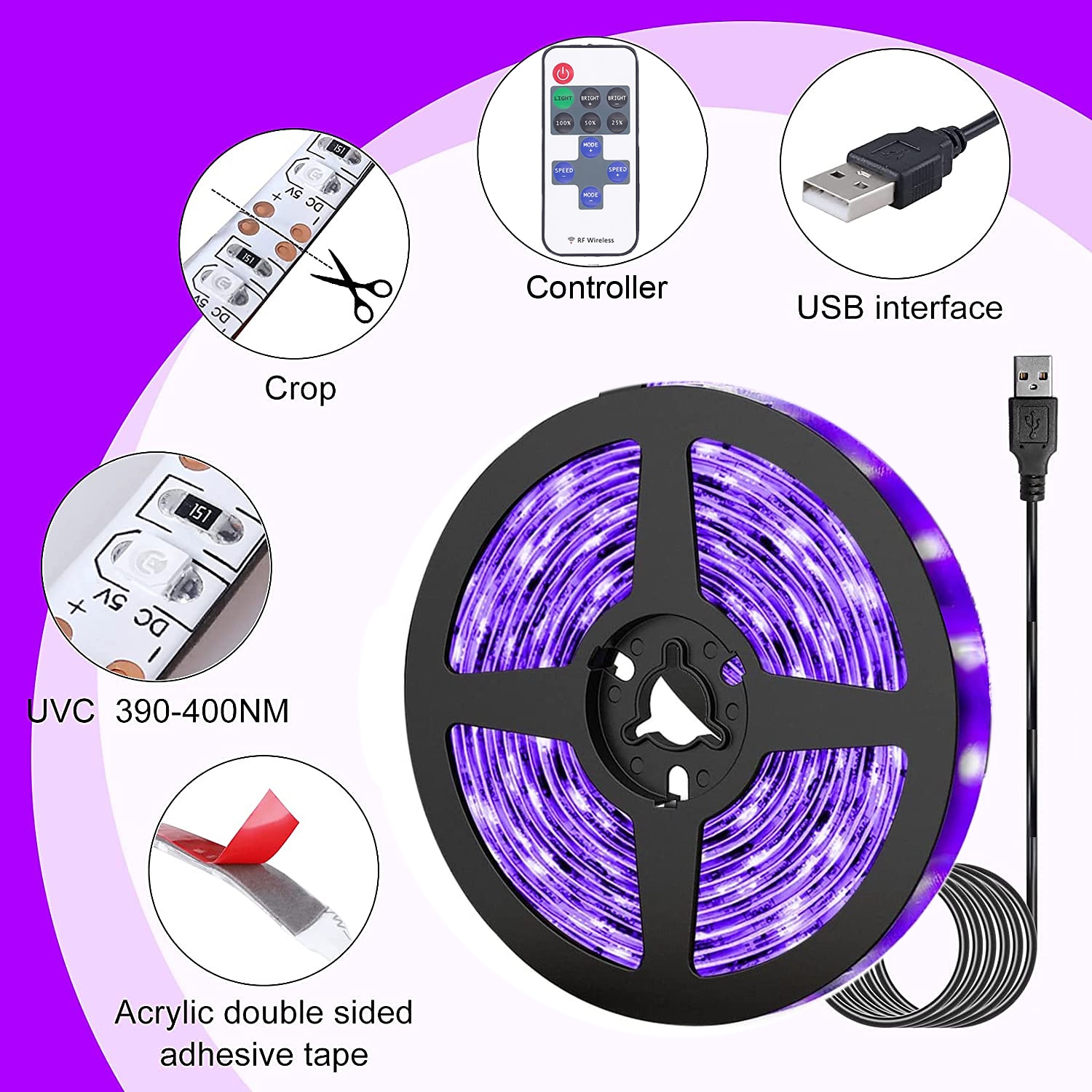 LED UV Black Light Strip Purple USB Interface with 11 Key Multi-function RF Remote Control SMD2835 380-400NM UV LED Black Light Lamp Suitable for Fluorescent Dance and UV Body Coating 2025 - $6.49 –P8