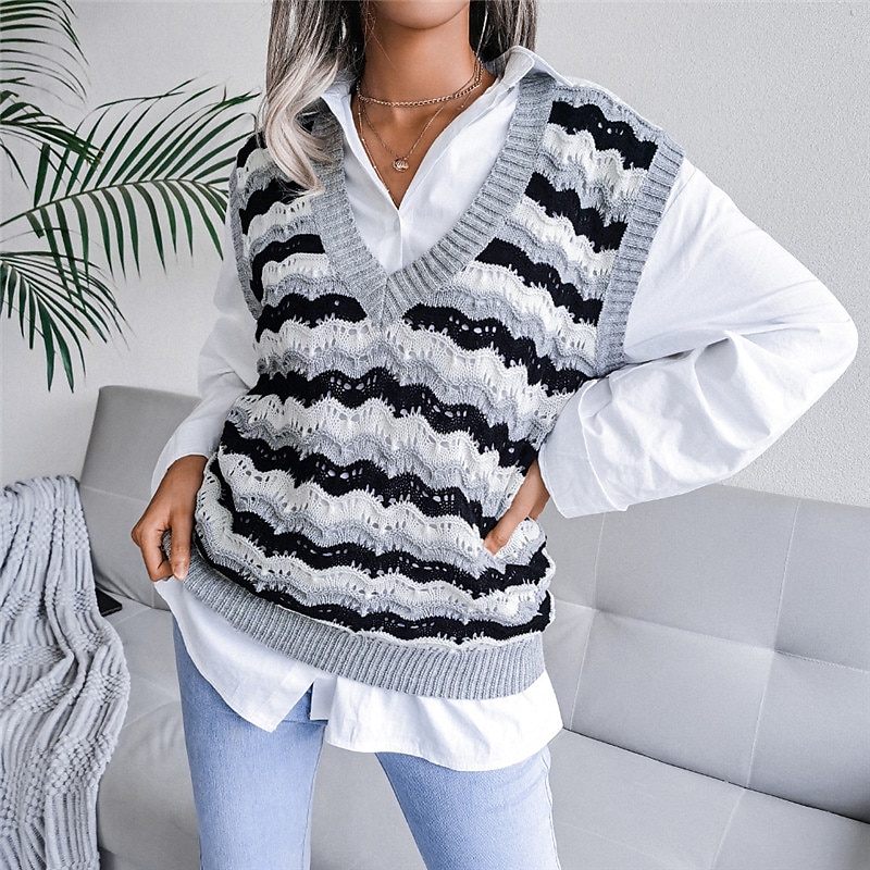Women's Sweater Vest V Neck Cable Knit Acrylic Knitted Fall Winter Outdoor Daily Holiday Stylish Casual Soft Sleeveless Striped Blue Khaki Gray S M L 2023 - US $21.99 –P1