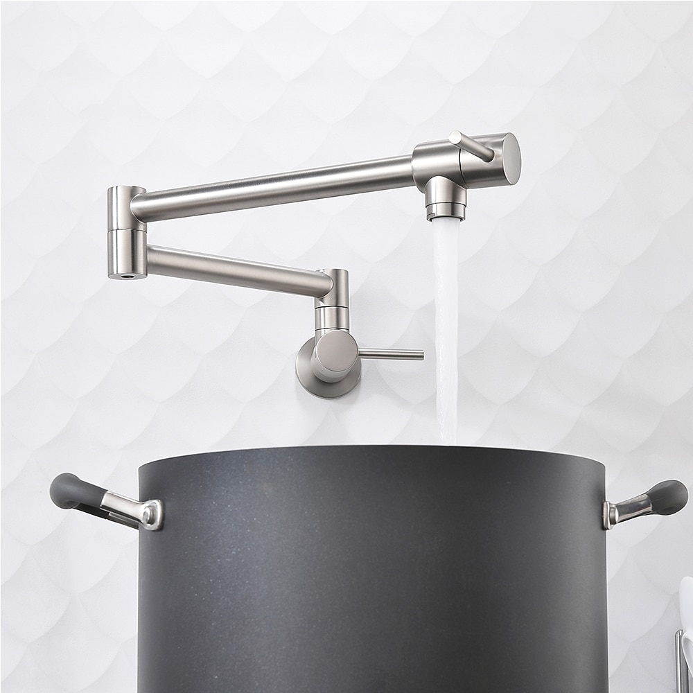 Grifo de cocina de llenado de ollas, níquel cepillado, fregadero plegable, solo grifos de agua fría, montaje en pared, grifo de cocina de olla de llenado plegable de latón, brazo oscilante de doble articulación, orificio simple, 2 manijas 2025 - $129.99 –P2
