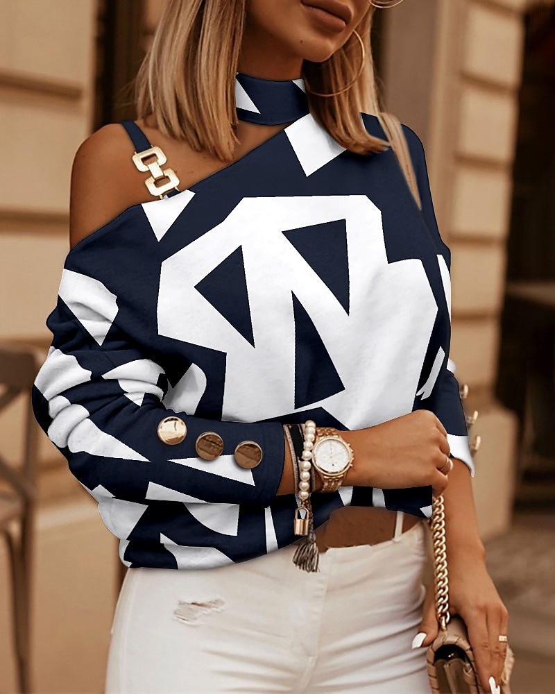 Damen Hemd Bluse Streetwear Geometrisch Cut Out Print Cold Shoulder Langarm Normale Oberteile Rollkragen Stehkragen Party Casual Ausgehen Schwarz Marineblau Braun Khaki Frühling Herbst 2025 - $23.99 –P2