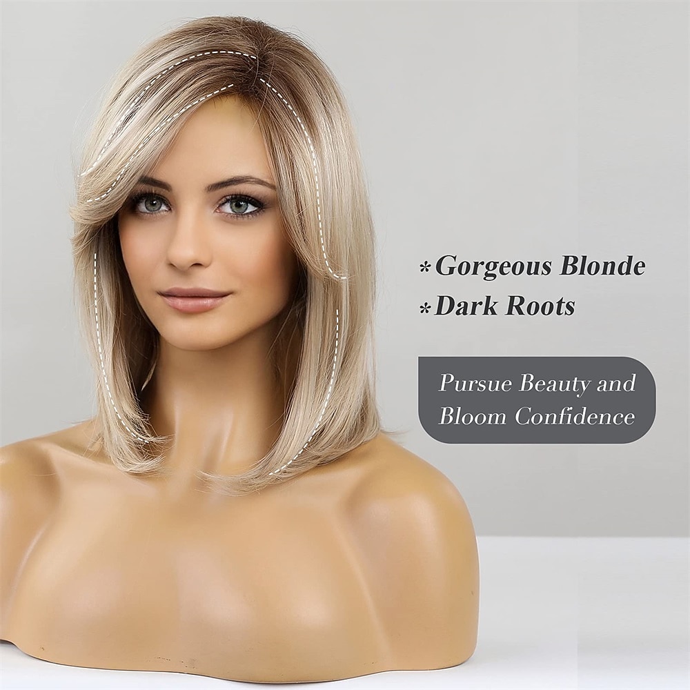 Ash Blonde Wigs for Women Bob Shoulder Length Layered Synthetic Dark Roots Hair Wig with Bangs Side Parting Christmas Party Wigs barbiecore Wigs 2025 - $29.99 –P9