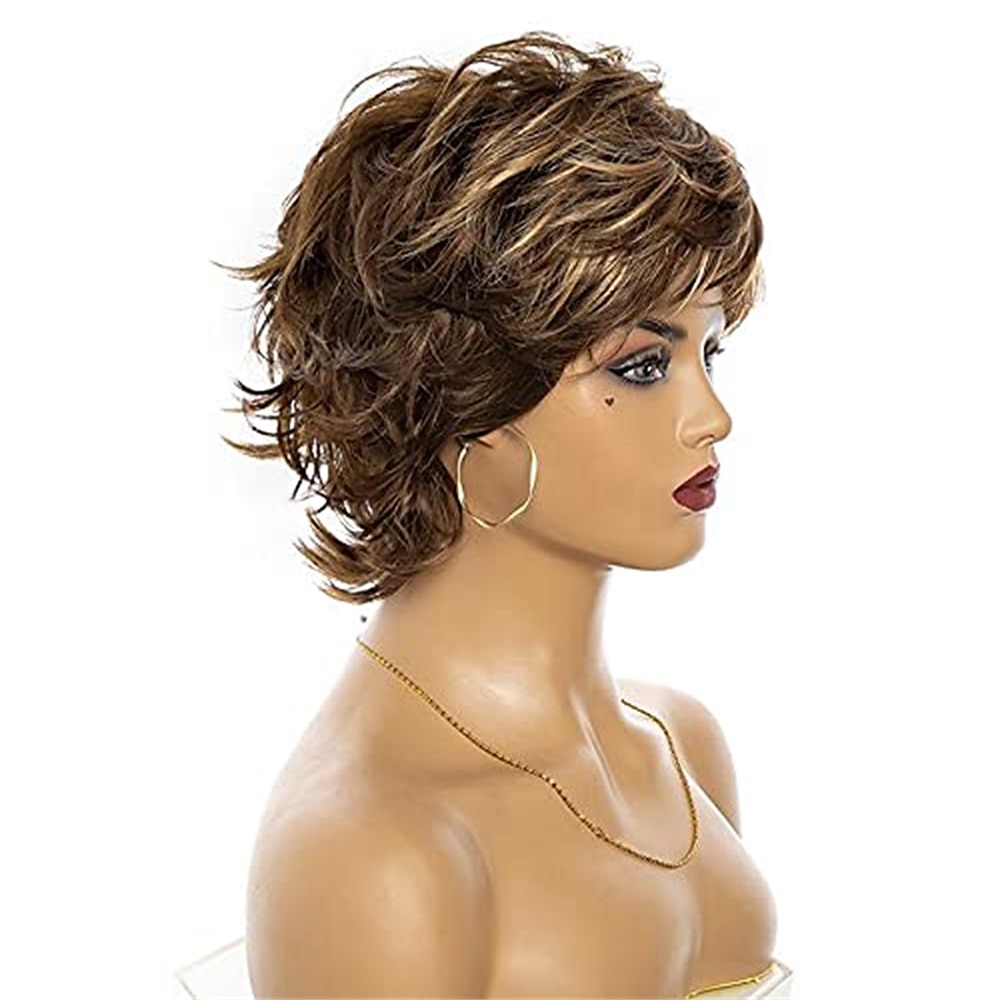 parrucca bionda mista marrone scuro marrone con riflessi parrucche pixie cut per donne bianche con frangetta parrucca sintetica ondulata corta naturale capelli veri parrucche per feste di natale del 2025 a $19.99 –P5