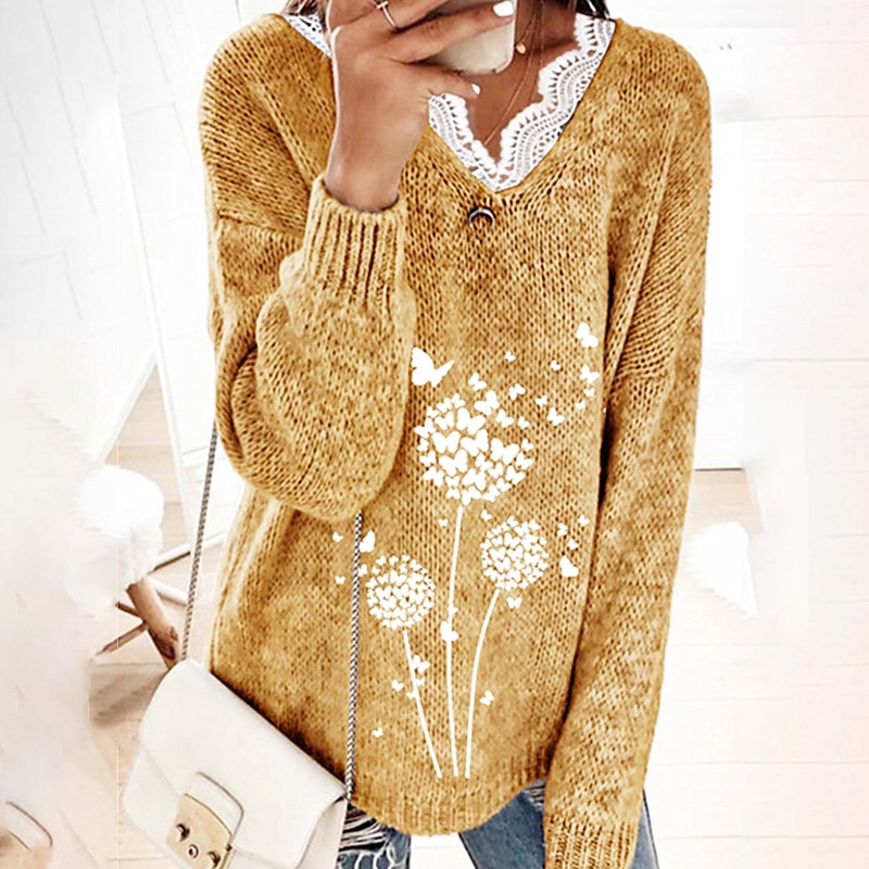 Per donna Pullover Maglione Moda Informale Morbido Farfalla Uncinetto A V Lavorato a maglia Finiture in pizzo Manica lunga Maglia Esterno Giornaliero Per uscire Giallo Grigio Autunno Inverno del 2025 a $7.99 –P3