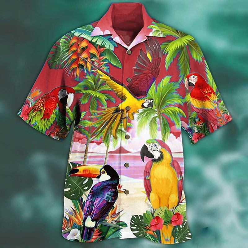 Herren Tier Papagei Palmblatt Hemd Hawaiihemd Sommerhemd Camp-Shirt Kurzarm Hemd Umlegekragen Modisch Designer Brautkleider schlicht Outdoor Strasse Casual Meerblau Meeresblau Rote 3D-Druck S M L 2025 - $14.49 –P6