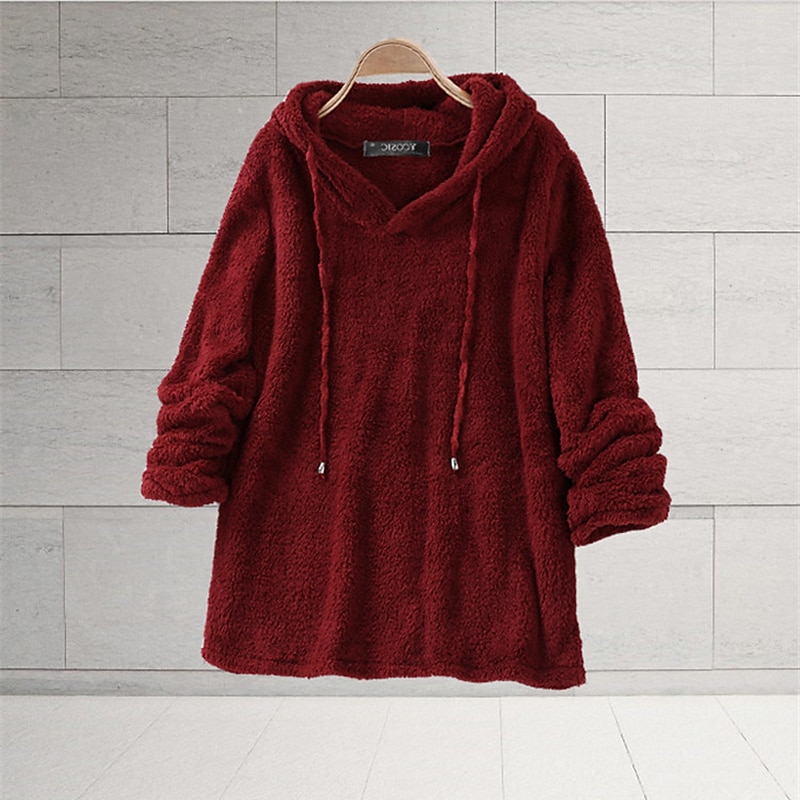 sweat à capuche femme sweat à capuche sweat à capuche bordeaux sweat à capuche teddy basique décontracté polaire uni quotidien sortie week-end à capuche cordon de serrage manches longues noir blanc de 2025 ? $26.99 –P4