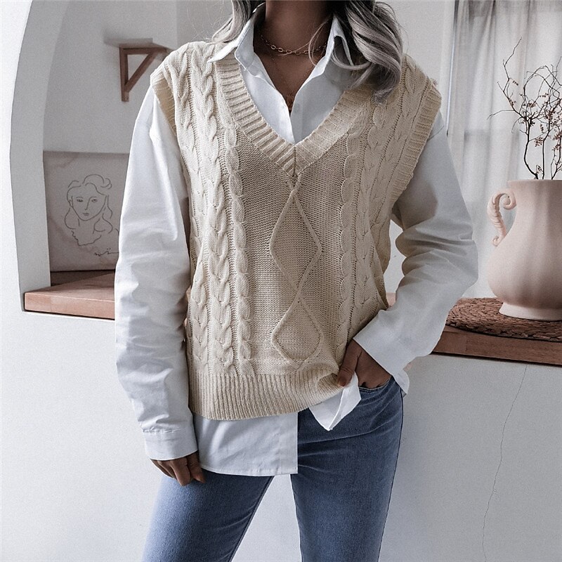 Women's Sweater Vest V Neck Cable Knit Acrylic Knitted Fall Winter Outdoor Daily Holiday Stylish Casual Soft Sleeveless Pure Color White Beige Coffee S M L 2023 - US $22.99 –P11