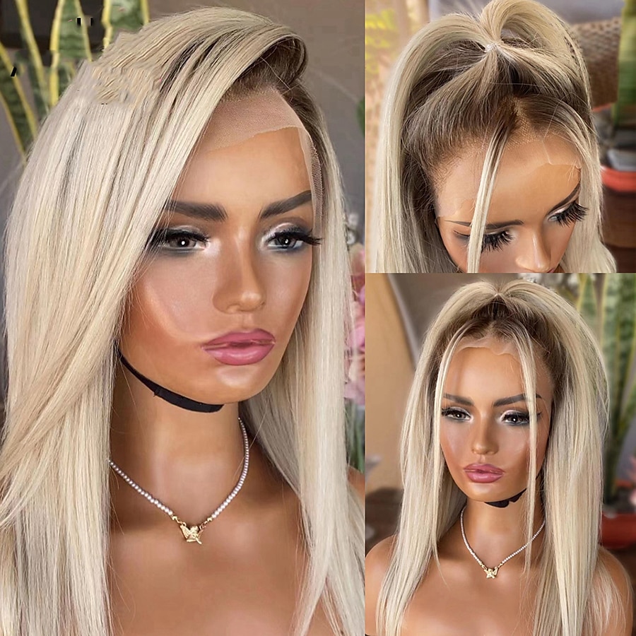 Perruque Cheveux Naturel Rémy 13x4 devant en dentelle Cheveux Brésiliens Droit Noir Multicolore Partie libre Femme Densité 150% avec des cheveux de bébé Dégradé de Couleur Pré-plumé Longue T1B / 613 de 2025 ? $422.99 –P1