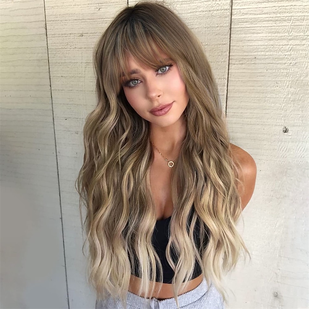peruca branca ombre perucas longas onduladas com franja para mulheres peruca loira platina longa perucas de cabelo sintético resistente ao calor de aparência natural para peruca de festa diária 26 de 2025 por $31.99 –P5