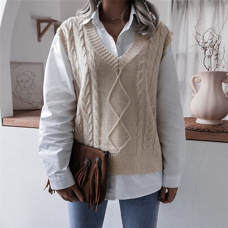 Women's Sweater Vest V Neck Cable Knit Acrylic Knitted Fall Winter Outdoor Daily Holiday Stylish Casual Soft Sleeveless Pure Color White Beige Coffee S M L 2023 - US $22.99 –P13