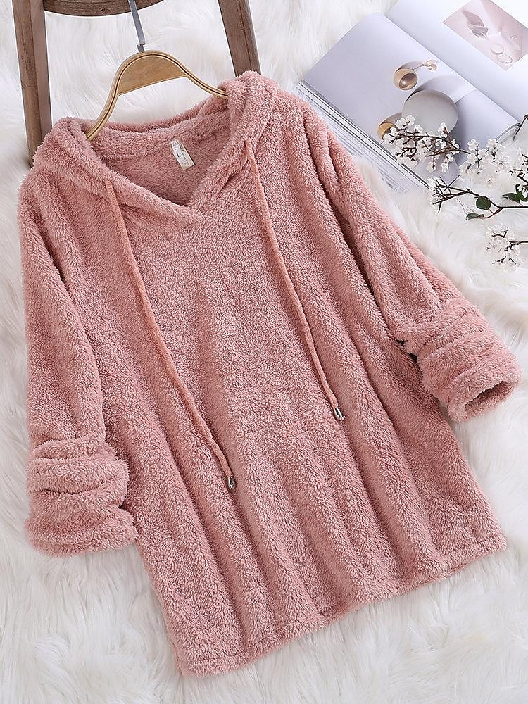 Per donna Tinta unica Pagliaccetto Pile Sherpa Manica lunga Felpa Top regolari Strada Informale A cordoncino Nero Bianco Rosa Rosso Blu Autunno inverno del 2025 a $15.99 –P3