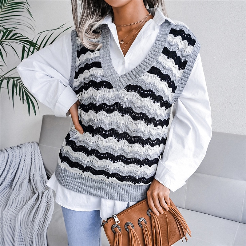 Women's Sweater Vest V Neck Cable Knit Acrylic Knitted Fall Winter Outdoor Daily Holiday Stylish Casual Soft Sleeveless Striped Blue Khaki Gray S M L 2023 - US $21.99 –P4