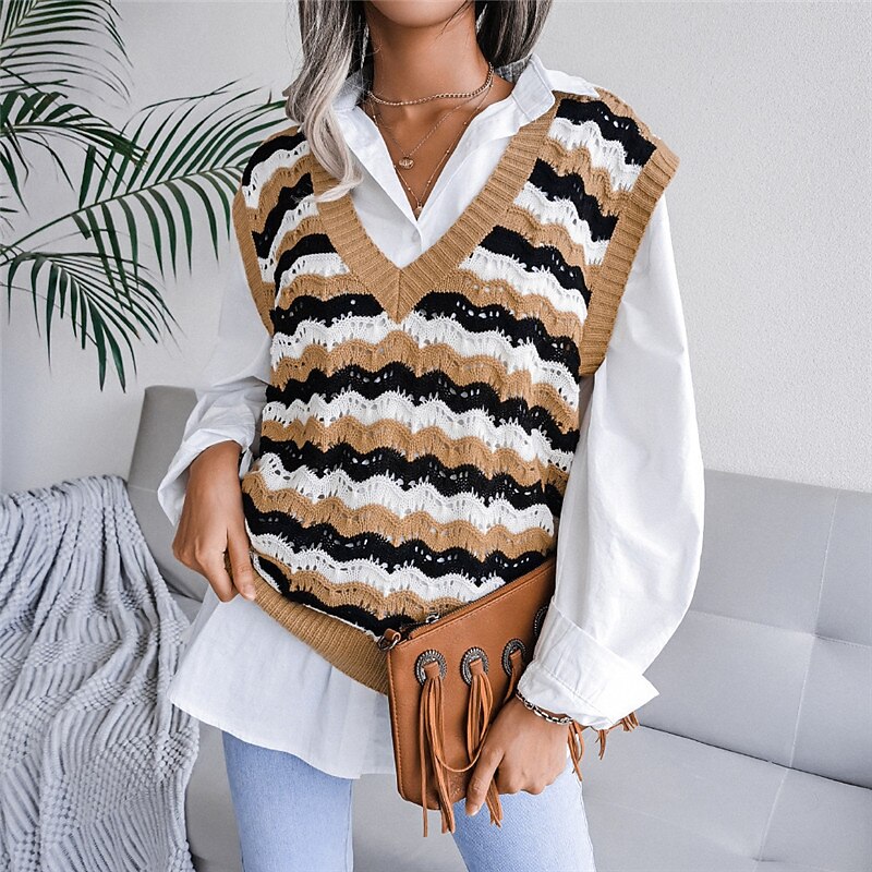 Women's Sweater Vest V Neck Cable Knit Acrylic Knitted Fall Winter Outdoor Daily Holiday Stylish Casual Soft Sleeveless Striped Blue Khaki Gray S M L 2023 - US $21.99 –P9