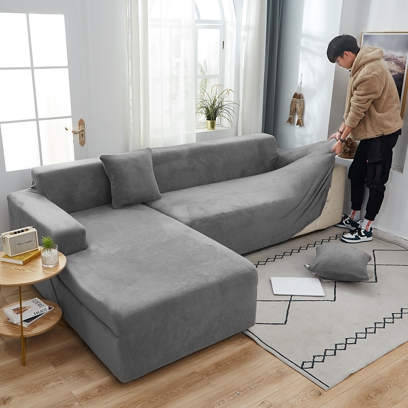 capa de sofá elástica espessa de pelúcia elástica sofá secional poltrona loveseat 4 ou 3 lugares em forma de l cinza macio durável lavável de 2025 por $51.99 –P8