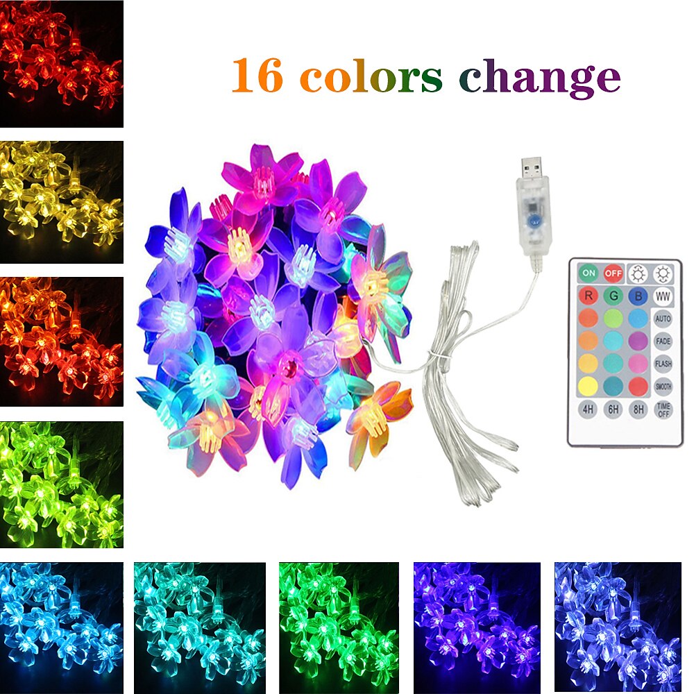 Cherry Blossom String Lights Flower Lights 10M 60Leds 16 Color Full-color Switching Remote Control Christmas Light String Romantic Cherry Silicone Lamp Holiday 2025 - $20.99 –P2