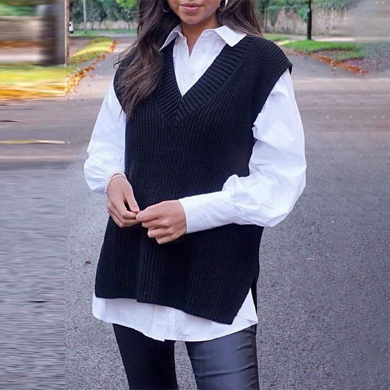 Women's Sweater Vest V Neck Crochet Knit Acrylic Knitted Fall Winter Outdoor Daily Going out Stylish Casual Soft Sleeveless Pure Color Maillard Black White Blue S M L 2023 - US $24.99 –P4