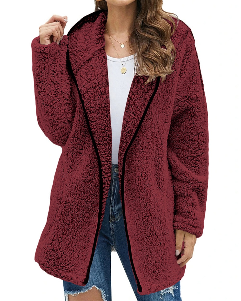 felpa con cappuccio con cerniera da donna, giacca in pile, cardigan vintage in peluche, soffice, tinta unita, casual da strada, per le vacanze, con cappuccio, tasca con cerniera, manica lunga, nero, del 2025 a $31.99 –P9