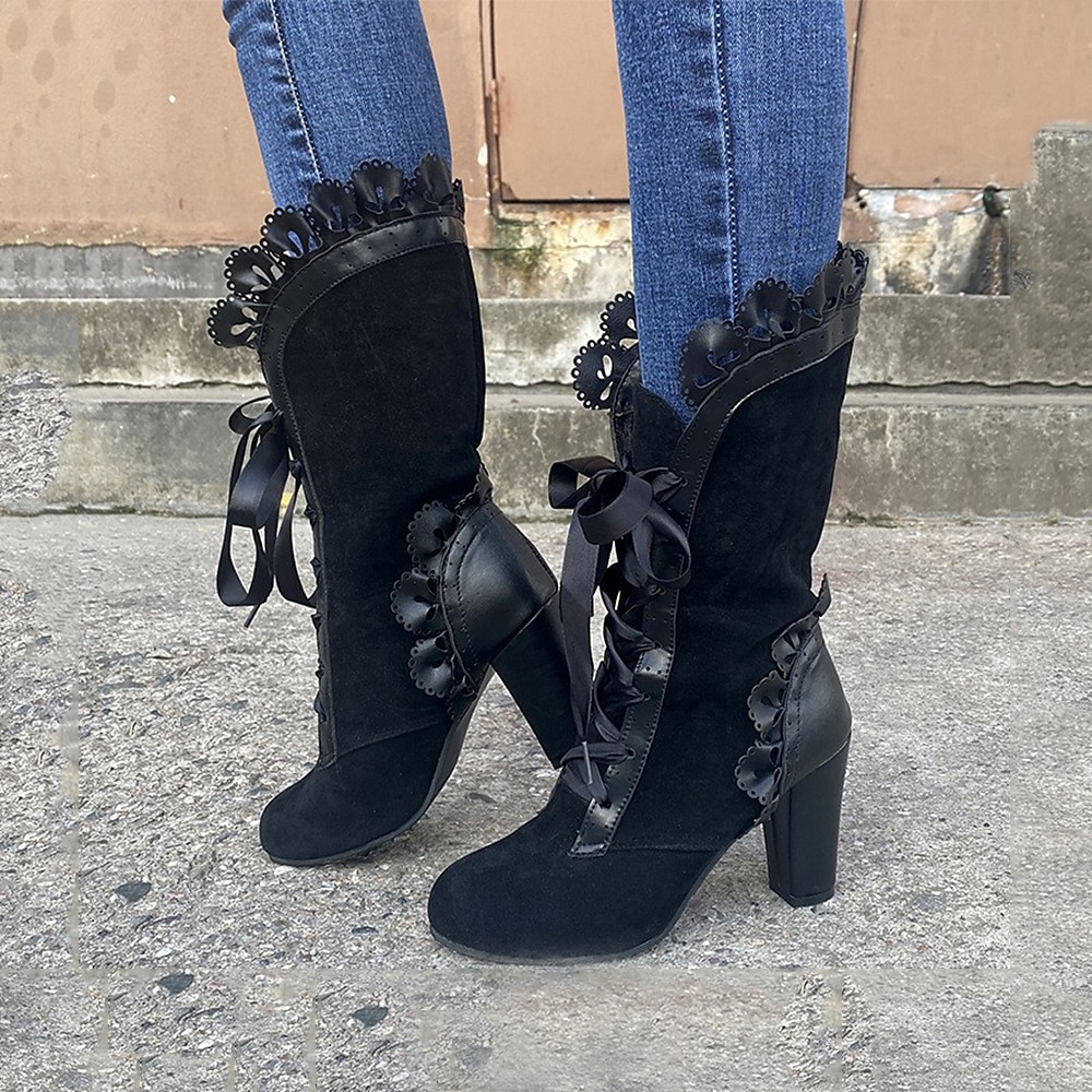 stivali da donna stivali con tacco taglie forti festa quotidiana stivali a metà polpaccio tinta unita invernali allacciati tacco grosso punta a punta punta rotonda vintage da passeggio allacciatura nero rosso marrone del 2025 a $64.99 –P7