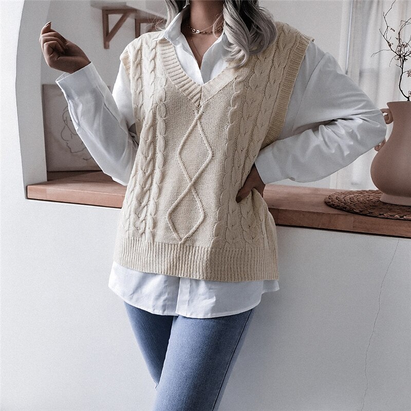 Women's Sweater Vest V Neck Cable Knit Acrylic Knitted Fall Winter Outdoor Daily Holiday Stylish Casual Soft Sleeveless Pure Color White Beige Coffee S M L 2023 - US $22.99 –P12