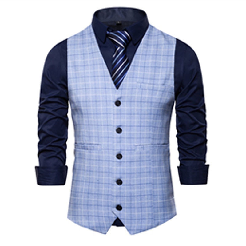Men's Vest Waistcoat Wedding Office & Career Daily Wear Going out Business Retro Fall & Winter Button Pocket Polyester Outdoor Comfortable Casual Plaid Single Breasted V Wire Regular Fit Light Blue 2025 - $32.99 –P3