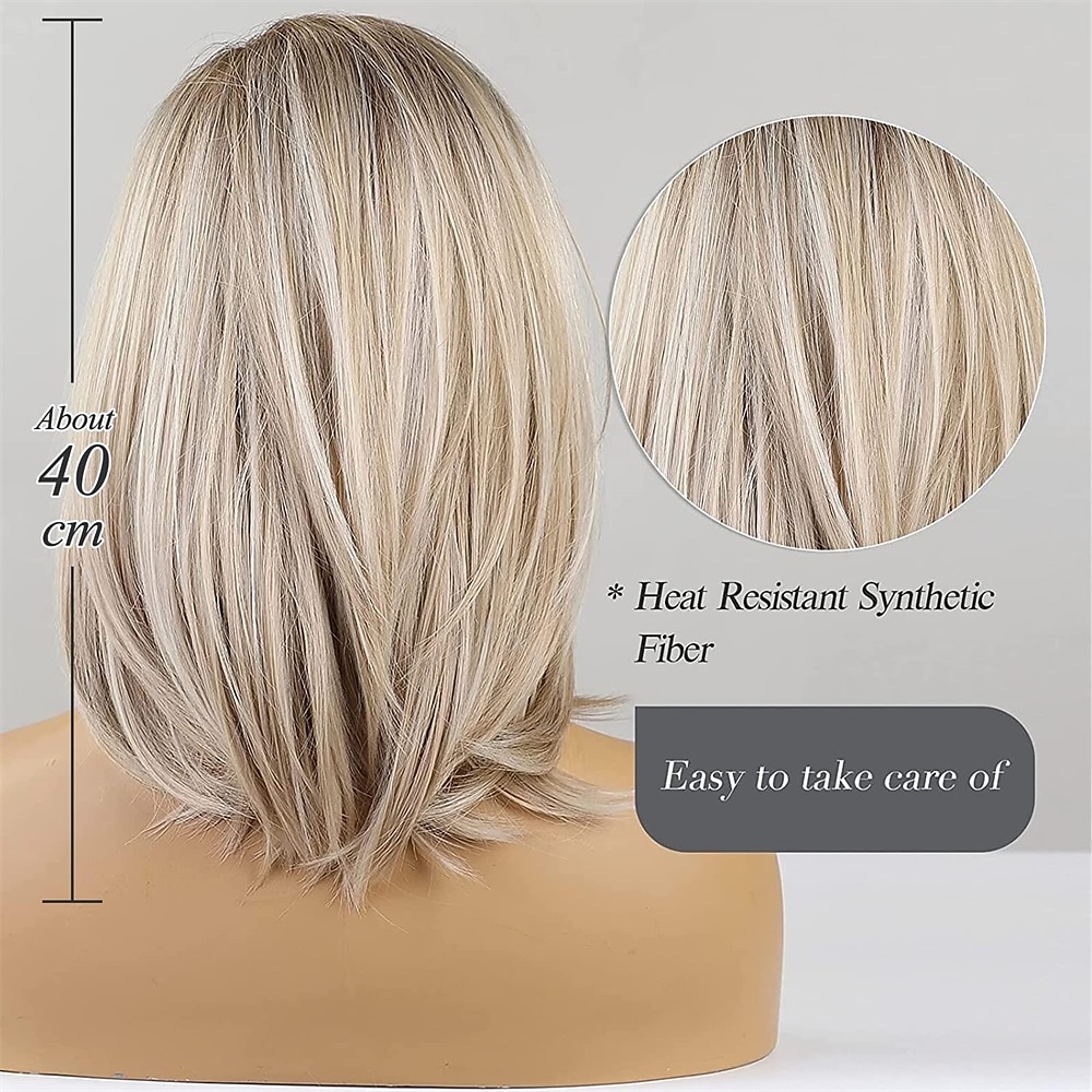 Ash Blonde Wigs for Women Bob Shoulder Length Layered Synthetic Dark Roots Hair Wig with Bangs Side Parting Christmas Party Wigs barbiecore Wigs 2025 - $29.99 –P10