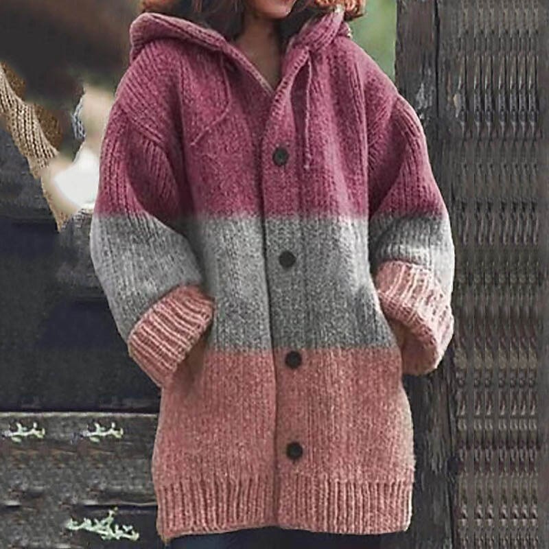 Women's Cardigan Sweater Hooded Ribbed Knit Polyester Button Knitted Front Pocket Fall Winter Long Outdoor Daily Holiday Stylish Casual Soft Long Sleeve Striped Yellow Red M L XL 2023 - US $32.99 –P2